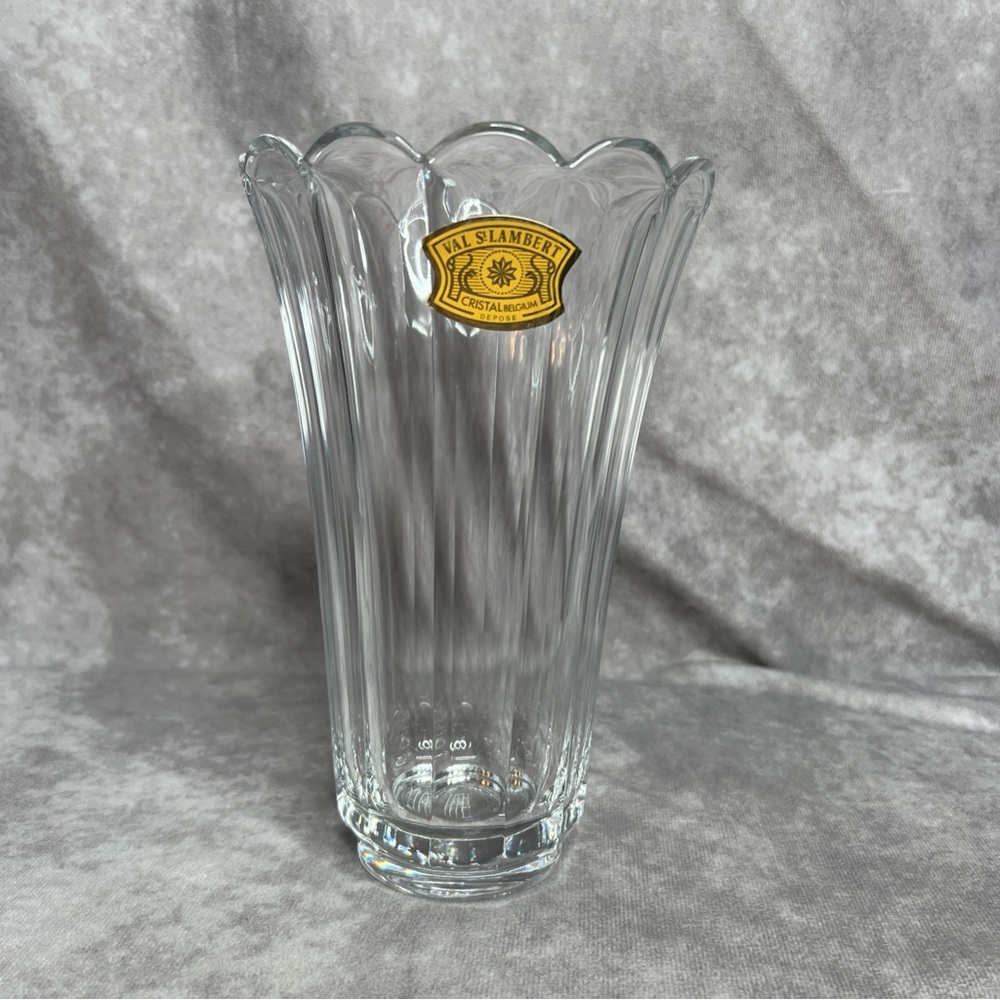 Val St Lambert Crystal Vase Scalloped Floriform Signed Cristal Belgium Depose